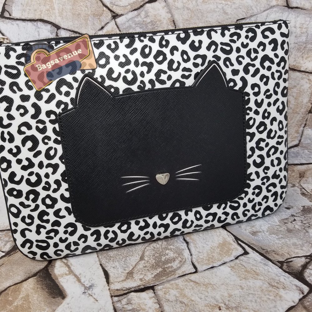 Black MEOW CAT LARGE ZIP POUCH CLUTCH WLR00592 NWT $109 KATE SPADE #Bagsavenue - Picture 5 of 7